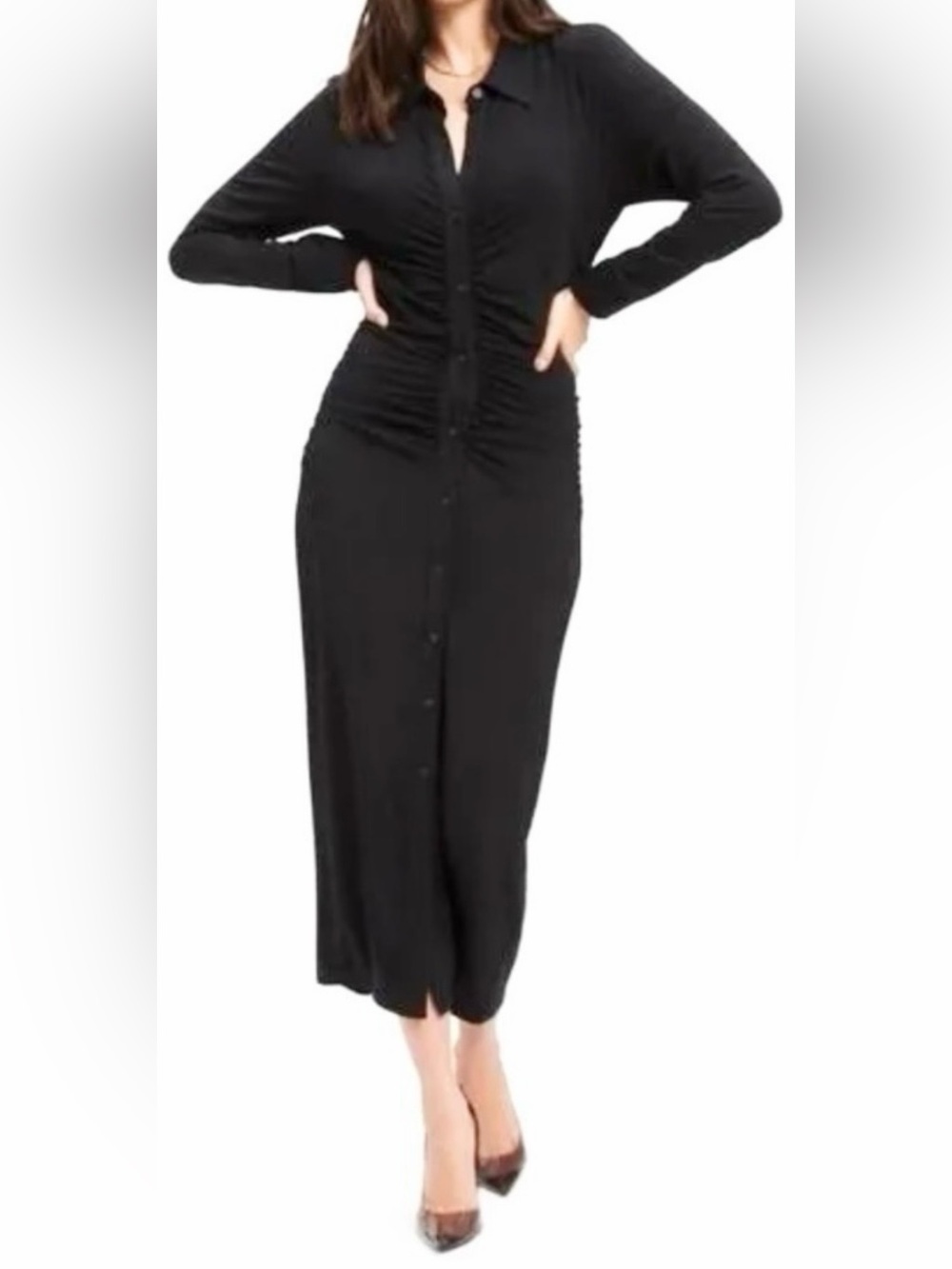 Good American Black Ruched Button-Front Maxi dress